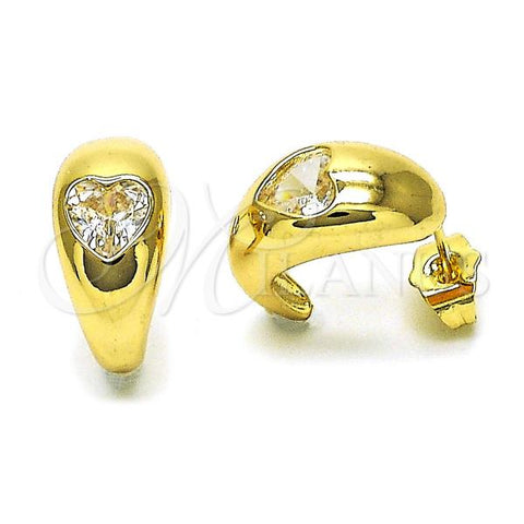 Oro Laminado Stud Earring, Gold Filled Style Moon and Heart Design, with White Cubic Zirconia, Polished, Golden Finish, 02.163.0220