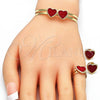 Oro Laminado Necklace, Bracelet, Earring and Ring, Gold Filled Style Heart Design, Red Enamel Finish, Golden Finish, 06.361.0025.1