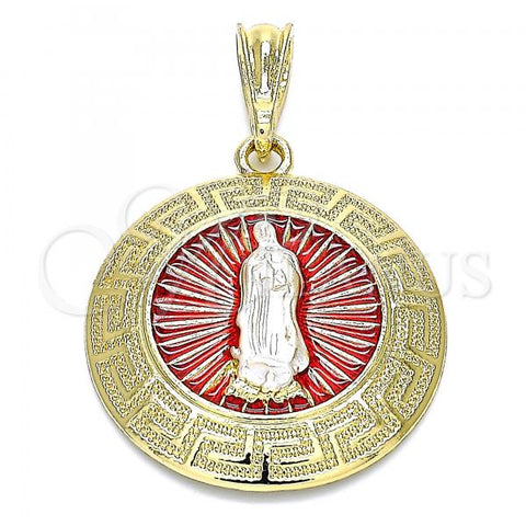 Oro Laminado Religious Pendant, Gold Filled Style Guadalupe and Greek Key Design, Polished, Tricolor, 05.380.0039