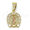 Oro Laminado Religious Pendant, Gold Filled Style Guadalupe and Flower Design, Polished, Tricolor, 05.120.0086.1