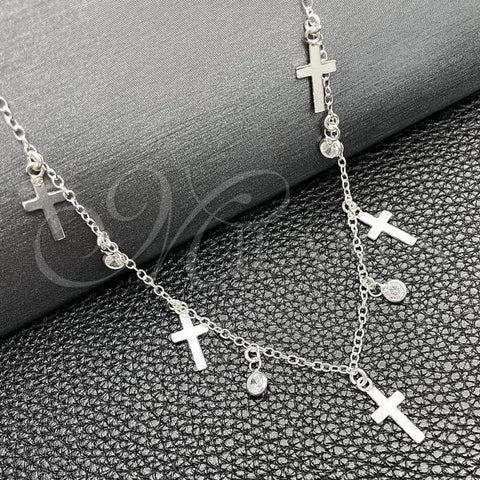 Sterling Silver Fancy Necklace, Cross and Rolo Design, with White Cubic Zirconia, Polished, Silver Finish, 04.401.0008.18
