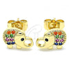 Oro Laminado Stud Earring, Gold Filled Style Elephant Design, with Multicolor Micro Pave, Polished, Golden Finish, 02.210.0411.1