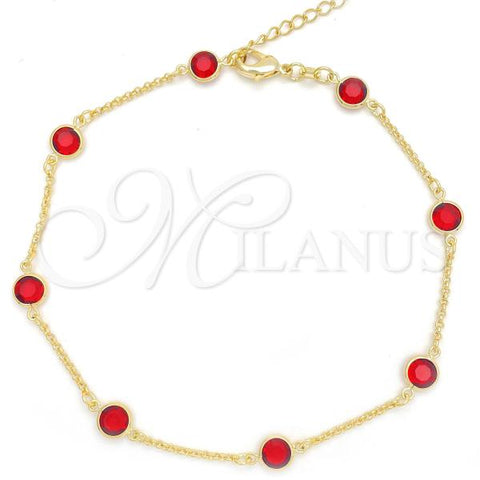 Oro Laminado Fancy Anklet, Gold Filled Style Paperclip Design, with Ruby Crystal, Polished, Golden Finish, 03.02.0089.10