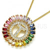 Oro Laminado Pendant Necklace, Gold Filled Style Initials Design, with Multicolor Cubic Zirconia, Polished, Golden Finish, 04.210.0022.1.20