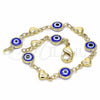 Oro Laminado Fancy Bracelet, Gold Filled Style Evil Eye and Heart Design, Blue Resin Finish, Golden Finish, 03.326.0008.2.06