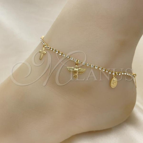Oro Laminado Fancy Anklet, Gold Filled Style Angel and Cross Design, with White Cubic Zirconia, Polished, Golden Finish, 03.32.0627.10