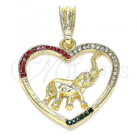 Oro Laminado Fancy Pendant, Gold Filled Style Heart and Elephant Design, with Multicolor Crystal, Polished, Golden Finish, 05.351.0098.1