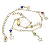 Oro Laminado Charm Anklet , Gold Filled Style Star and Rattle Charm Design, with Multicolor Crystal, Polished, Golden Finish, 03.213.0106.1.10