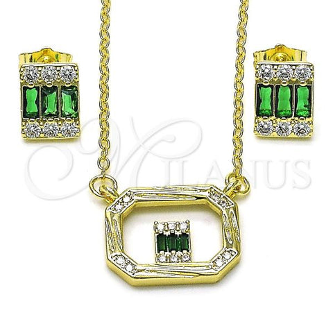 Oro Laminado Earring and Pendant Adult Set, Gold Filled Style Baguette Design, with Green and White Cubic Zirconia, Polished, Golden Finish, 10.196.0154.1