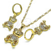 Oro Laminado Earring and Pendant Adult Set, Gold Filled Style Teddy Bear Design, with White Micro Pave, Polished, Golden Finish, 10.196.0045