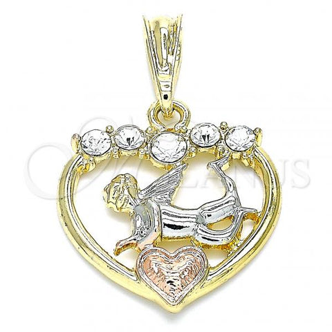 Oro Laminado Religious Pendant, Gold Filled Style Angel and Heart Design, with White Crystal, Polished, Tricolor, 05.380.0091
