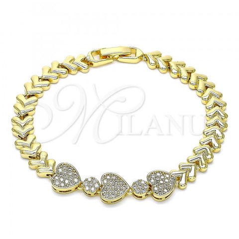 Oro Laminado Fancy Bracelet, Gold Filled Style Heart Design, with White Micro Pave, Polished, Golden Finish, 03.283.0066.07