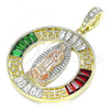 Oro Laminado Religious Pendant, Gold Filled Style Guadalupe and Greek Key Design, with Garnet and Green Crystal, Polished, Tricolor, 05.380.0027.1