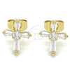 Oro Laminado Stud Earring, Gold Filled Style Cross Design, with White Cubic Zirconia, Polished, Golden Finish, 02.345.0011.1