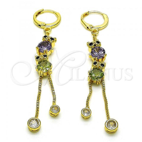 Oro Laminado Long Earring, Gold Filled Style Owl and Box Design, with Amethyst and Peridot Cubic Zirconia, Polished, Golden Finish, 02.316.0089