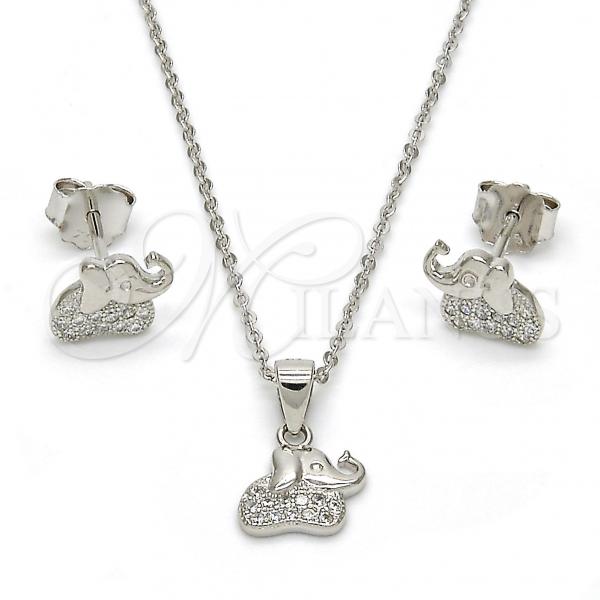Sterling Silver Earring and Pendant Adult Set, Elephant Design, with White Micro Pave, Polished, Rhodium Finish, 10.174.0199