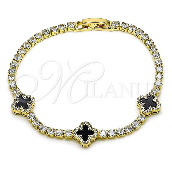 Oro Laminado Fancy Bracelet, Gold Filled Style Four-leaf Clover Design, with Black Mother of Pearl and White Cubic Zirconia, Polished, Golden Finish, 03.284.0046.07