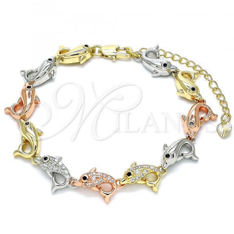 Oro Laminado Fancy Bracelet, Gold Filled Style Dolphin Design, with White and Black Micro Pave, Polished, Tricolor, 03.380.0005.07