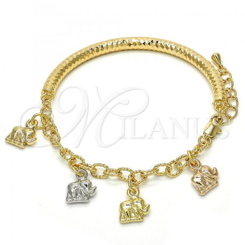 Oro Laminado Charm Bracelet, Gold Filled Style Elephant and Hollow Design, Diamond Cutting Finish, Tricolor, 03.63.1824.1.08