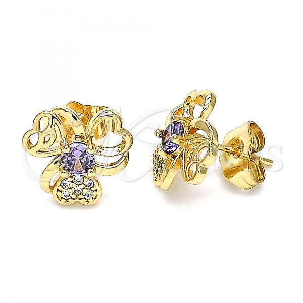 Oro Laminado Stud Earring, Gold Filled Style Heart Design, with Amethyst Cubic Zirconia and White Micro Pave, Polished, Golden Finish, 02.387.0078.1