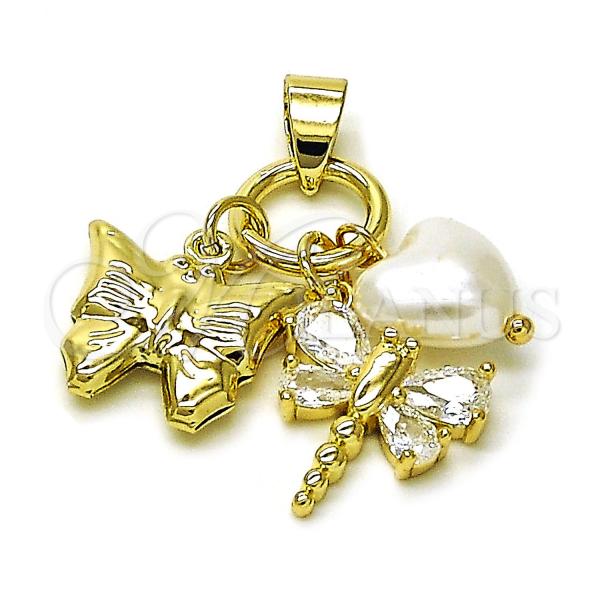 Oro Laminado Fancy Pendant, Gold Filled Style Butterfly and Dragon-Fly Design, with Ivory Pearl and White Cubic Zirconia, Polished, Golden Finish, 05.213.0158