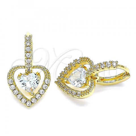 Oro Laminado Dangle Earring, Gold Filled Style Heart Design, with White Cubic Zirconia and White Micro Pave, Polished, Golden Finish, 02.65.2660.7