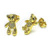 Oro Laminado Stud Earring, Gold Filled Style Teddy Bear Design, with White and Black Micro Pave, Polished, Golden Finish, 02.342.0196