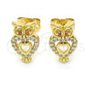 Oro Laminado Stud Earring, Gold Filled Style Owl and Heart Design, with Ruby Cubic Zirconia and White Crystal, Polished, Golden Finish, 02.342.0061