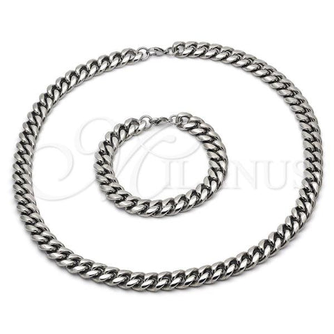 Stainless Steel Necklace and Bracelet, Miami Cuban Design, Polished, Steel Finish, 06.116.0033