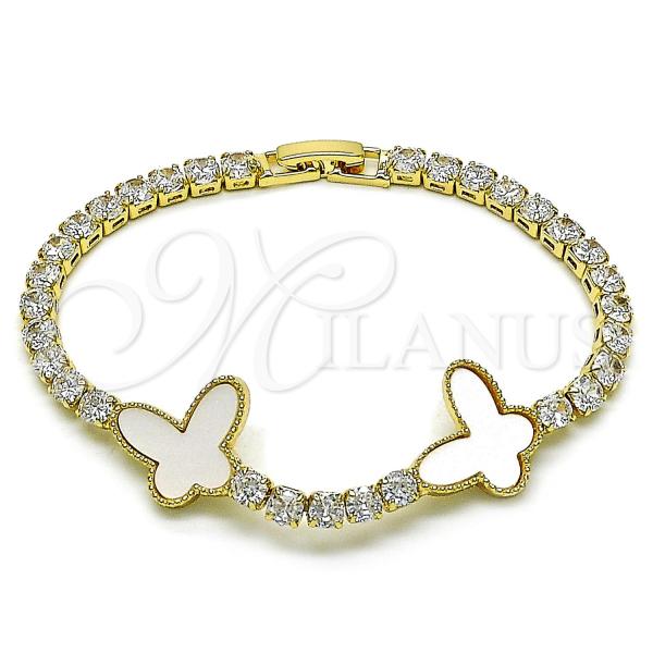 Oro Laminado Tennis Bracelet, Gold Filled Style Butterfly Design, with White Cubic Zirconia and Ivory Mother of Pearl, Polished, Golden Finish, 03.283.0388.1.07