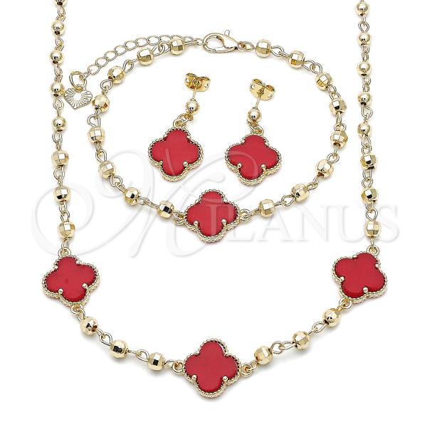 Oro Laminado Necklace, Bracelet and Earring, Gold Filled Style Four-leaf Clover and Ball Design, with Garnet Crystal, Polished, Golden Finish, 06.414.0002.2