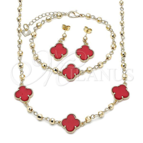 Oro Laminado Necklace, Bracelet and Earring, Gold Filled Style Four-leaf Clover and Ball Design, with Garnet Crystal, Polished, Golden Finish, 06.414.0002.2