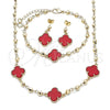 Oro Laminado Necklace, Bracelet and Earring, Gold Filled Style Four-leaf Clover and Ball Design, with Garnet Crystal, Polished, Golden Finish, 06.414.0002.2