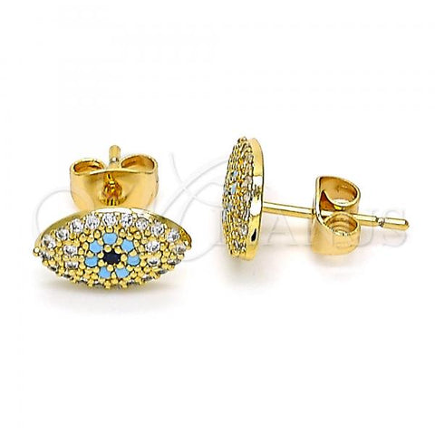 Oro Laminado Stud Earring, Gold Filled Style Evil Eye Design, with Sapphire Blue and Turquoise Micro Pave, Polished, Golden Finish, 02.344.0095