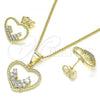 Oro Laminado Earring and Pendant Adult Set, Gold Filled Style Heart Design, with White Micro Pave, Polished, Golden Finish, 10.284.0010