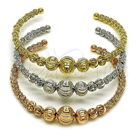 Oro Laminado Trio Bangle, Gold Filled Style Ball Design, Diamond Cutting Finish, Tricolor, 07.282.0019