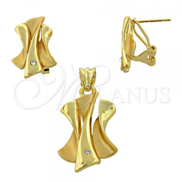 Oro Laminado Earring and Pendant Adult Set, Gold Filled Style with White Crystal, Polished, Golden Finish, 10.59.0150
