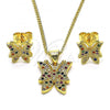 Oro Laminado Earring and Pendant Adult Set, Gold Filled Style Butterfly Design, with Multicolor Micro Pave, Polished, Golden Finish, 10.156.0454.1