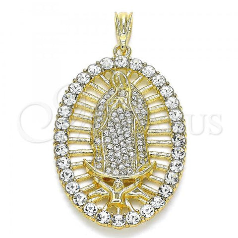 Oro Laminado Religious Pendant, Gold Filled Style Guadalupe Design, with White Crystal, Polished, Golden Finish, 05.380.0032