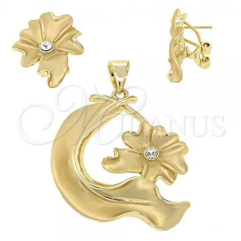 Oro Laminado Earring and Pendant Adult Set, Gold Filled Style Flower Design, with White Crystal, Matte Finish, Golden Finish, 5.040.006
