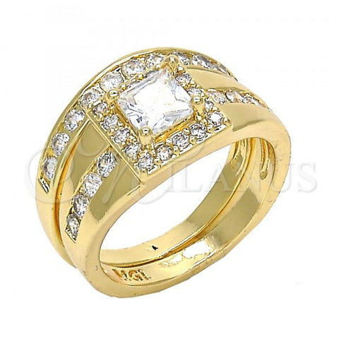 Oro Laminado Wedding Ring, Gold Filled Style Duo Design, with White Cubic Zirconia, Polished, Golden Finish, 01.284.0038.08 (Size 8)