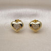 Oro Laminado Stud Earring, Gold Filled Style Heart Design, with White Micro Pave, Polished, Golden Finish, 02.156.0693