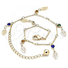 Oro Laminado Charm Anklet , Gold Filled Style Leaf and Rattle Charm Design, with Multicolor Crystal, Polished, Golden Finish, 03.213.0109.10