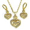 Oro Laminado Earring and Pendant Adult Set, Gold Filled Style Heart and Mom Design, with White Micro Pave, Polished, Golden Finish, 10.196.0066.1