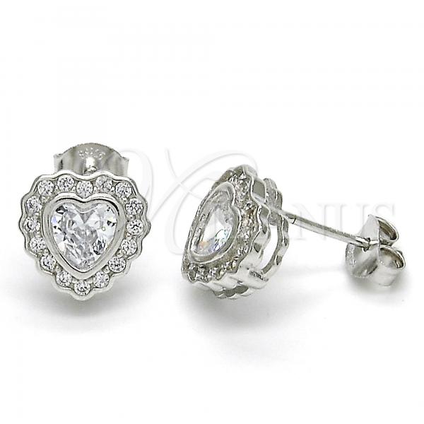 Sterling Silver Stud Earring, Heart Design, with White Cubic Zirconia, Polished, Rhodium Finish, 02.285.0092