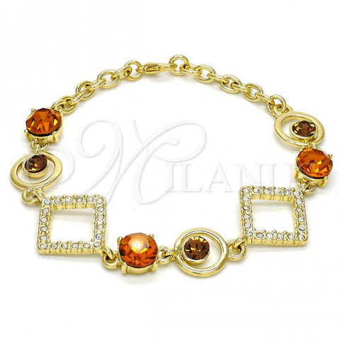 Oro Laminado Fancy Bracelet, Gold Filled Style Rolo Design, with Orange Cubic Zirconia and White Crystal, Polished, Golden Finish, 03.59.0068.08