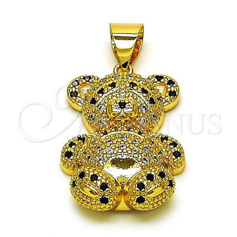 Oro Laminado Fancy Pendant, Gold Filled Style Teddy Bear Design, with Black and White Micro Pave, Polished, Golden Finish, 05.342.0171