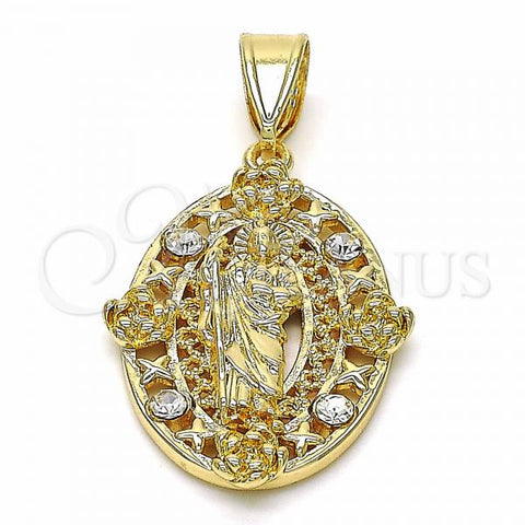 Oro Laminado Religious Pendant, Gold Filled Style San Judas and Flower Design, with White Crystal, Polished, Golden Finish, 05.253.0067