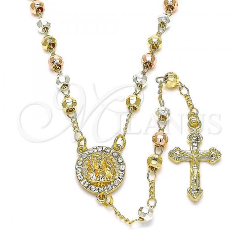 Oro Laminado Thin Rosary, Gold Filled Style Jesus and Crucifix Design, with White Crystal, Polished, Tricolor, 09.253.0049.22