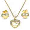 Oro Laminado Earring and Pendant Adult Set, Gold Filled Style Heart Design, with White Micro Pave, Polished, Golden Finish, 10.156.0279